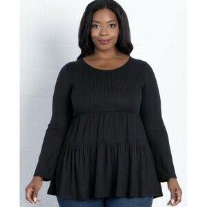 Kiyonna Love Letter Tiered Top Women’s 3X (22-24) Black Long Sleeve Ribbed